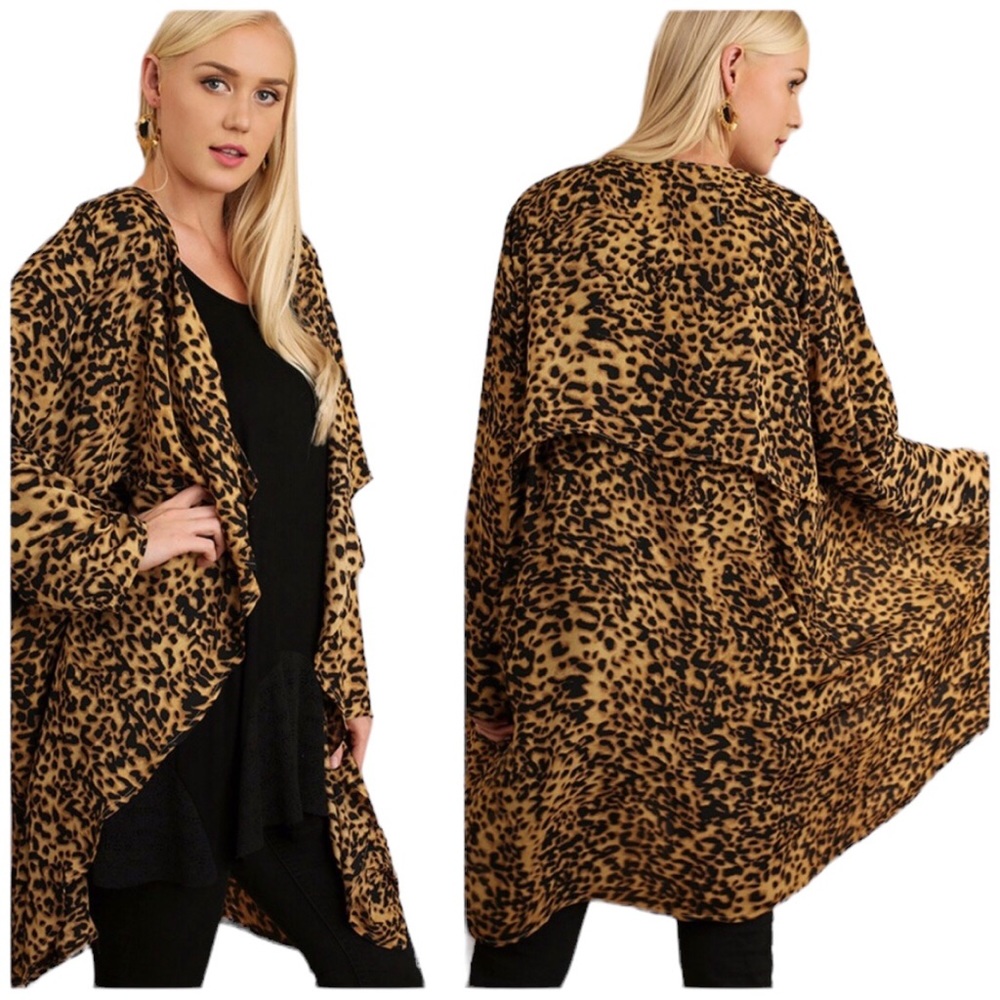 Umgee Leopard Print Woven Lightweight Open Kimono Cardigan Size L